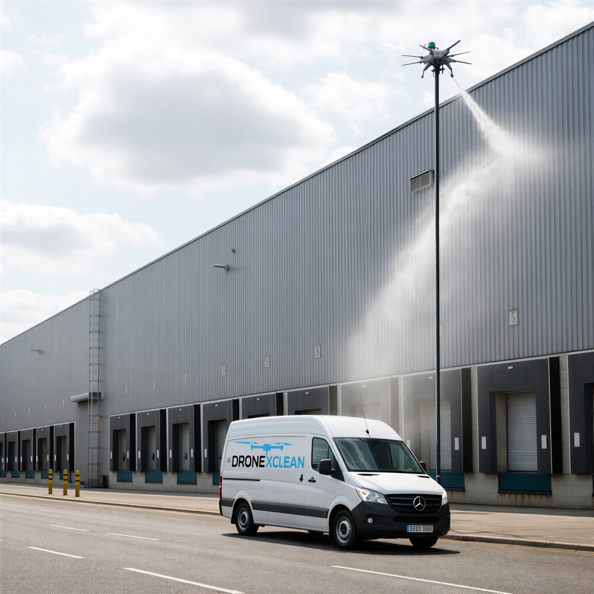 Drone working near a warehouse exterior